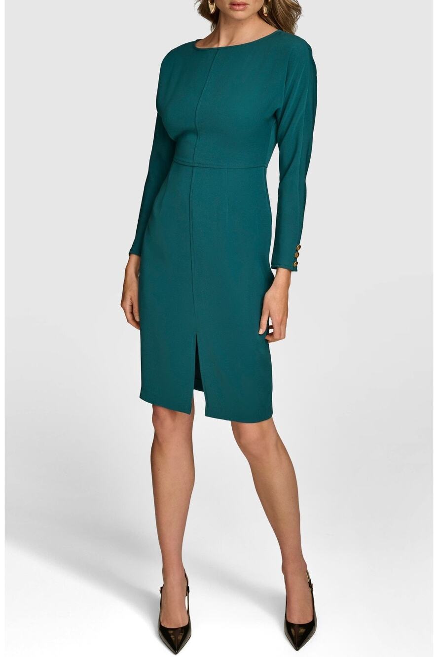 NWT Donna Karan Teal Boat Neck Sheath Dress Long Sleeve Gold Buttons Size 2
